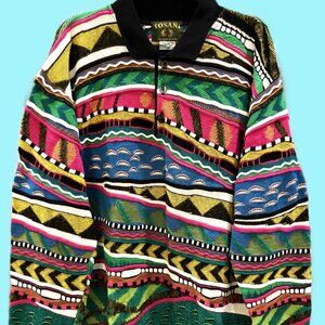 Vintage 90s Tosani 3D Knit Sweater – Vibrant Geometric Coogi-Style Pullover